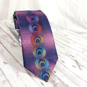 Steven Land Men's Tie Purple Teal Blue Orange Peacock Feather Geo Microfiber 60"